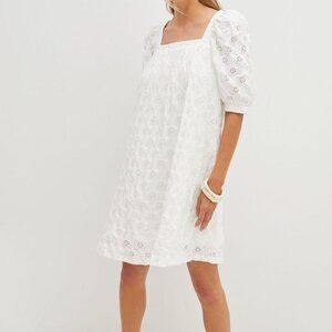 White Eyelet Mini Dress with Puff Sleeves - Size S - Maeve Anthropologie